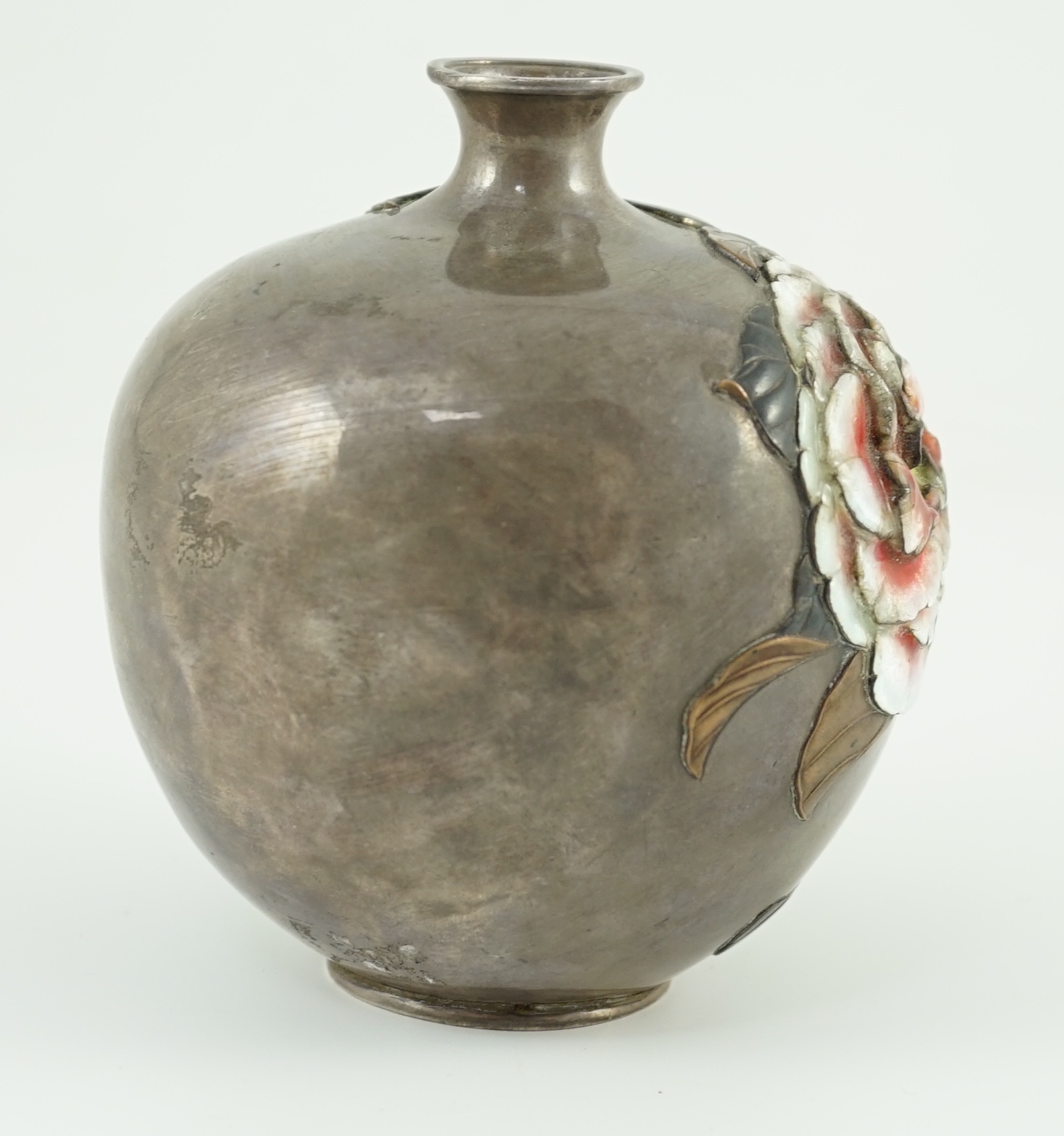 A Japanese silver, enamel and mixed metal vase, Meiji period, 12.5 cm high, dents